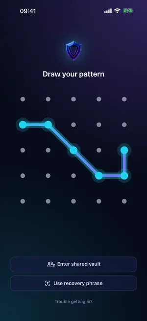 Vaultron lock screen: a pattern drawn on a 5×5 grid