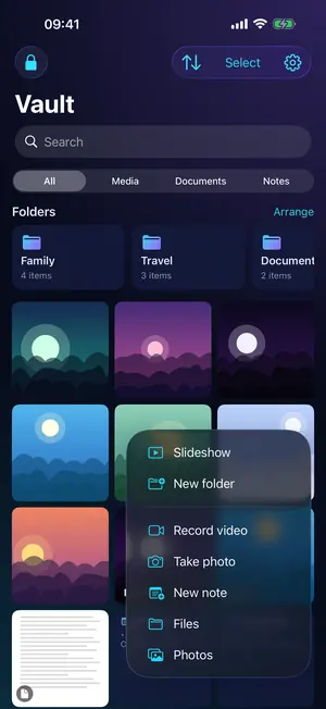 Vaultron's add menu: photos, files, camera and notes