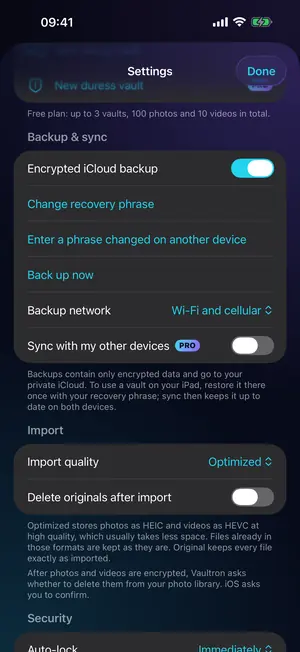 Vaultron backup settings with encrypted iCloud backup on