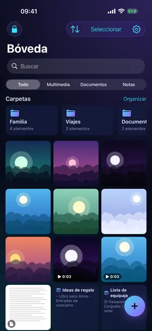 Biblioteca de una bóveda en Vaultron, con carpetas y fotos de ejemplo