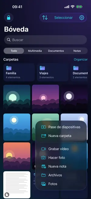 Menú de añadir de Vaultron: fotos, archivos, cámara y notas