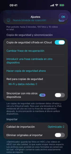 Ajustes de copia de seguridad de Vaultron con la copia cifrada de iCloud activada