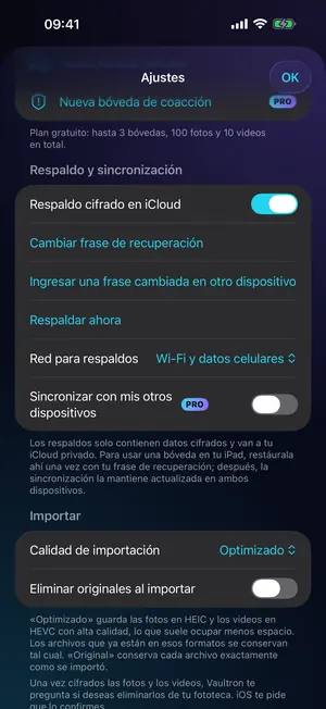Ajustes de respaldo de Vaultron con el respaldo cifrado de iCloud activado