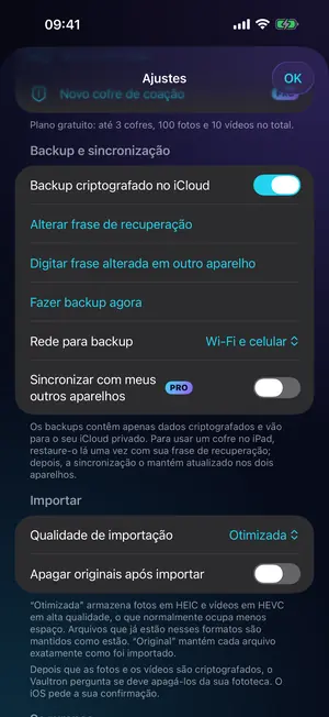 Ajustes de backup do Vaultron com o backup criptografado no iCloud ativado