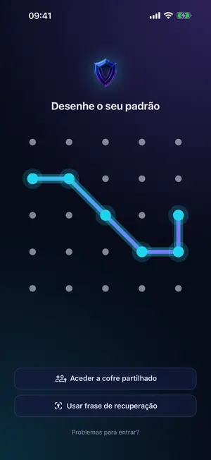 Ecrã de bloqueio do Vaultron: um padrão desenhado numa grelha 5×5