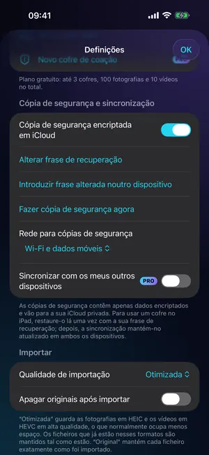 Definições de cópia de segurança do Vaultron com a cópia encriptada em iCloud ativa